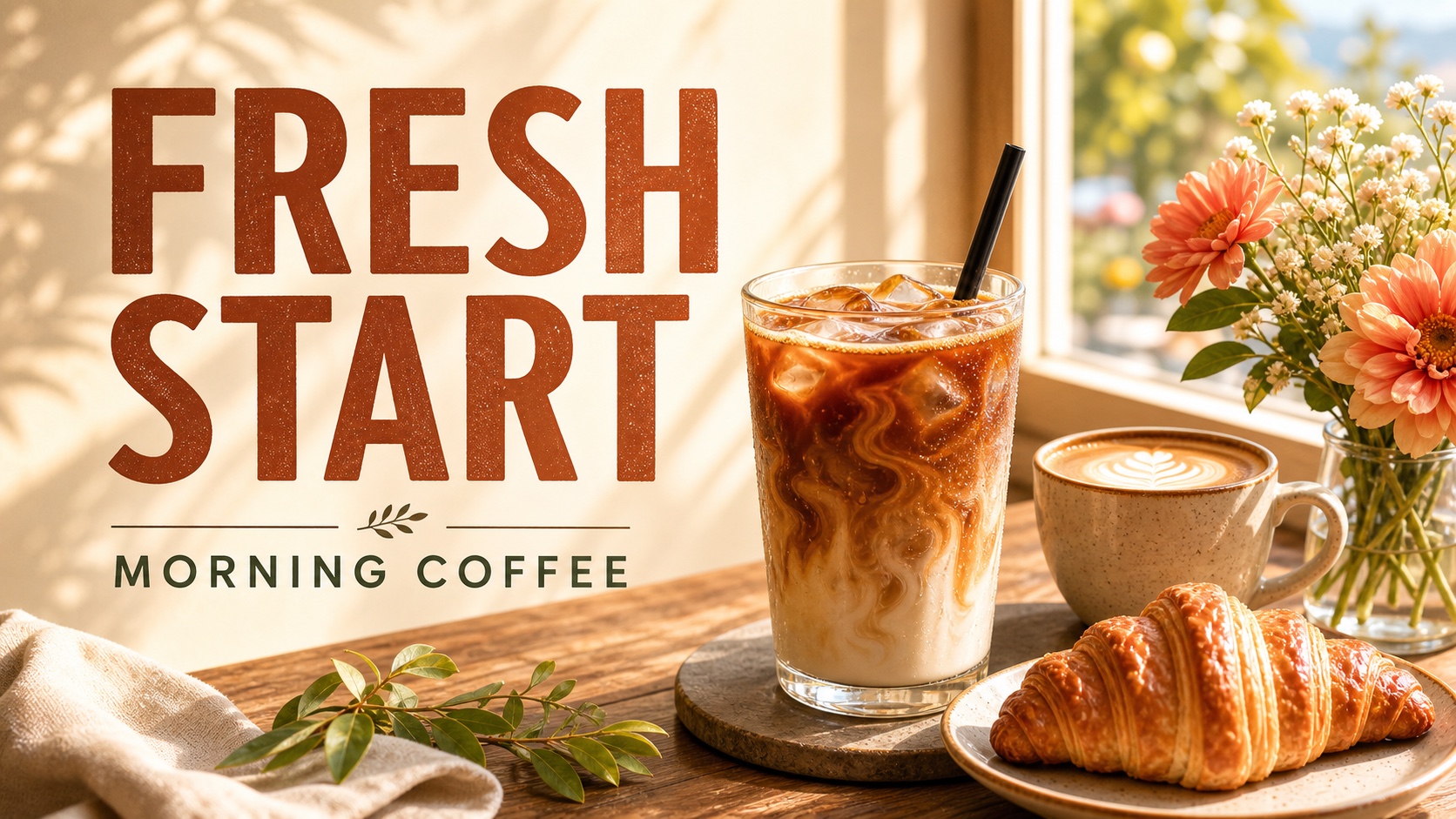 Sunny coffee poster with readable FRESH START and MORNING COFFEE text